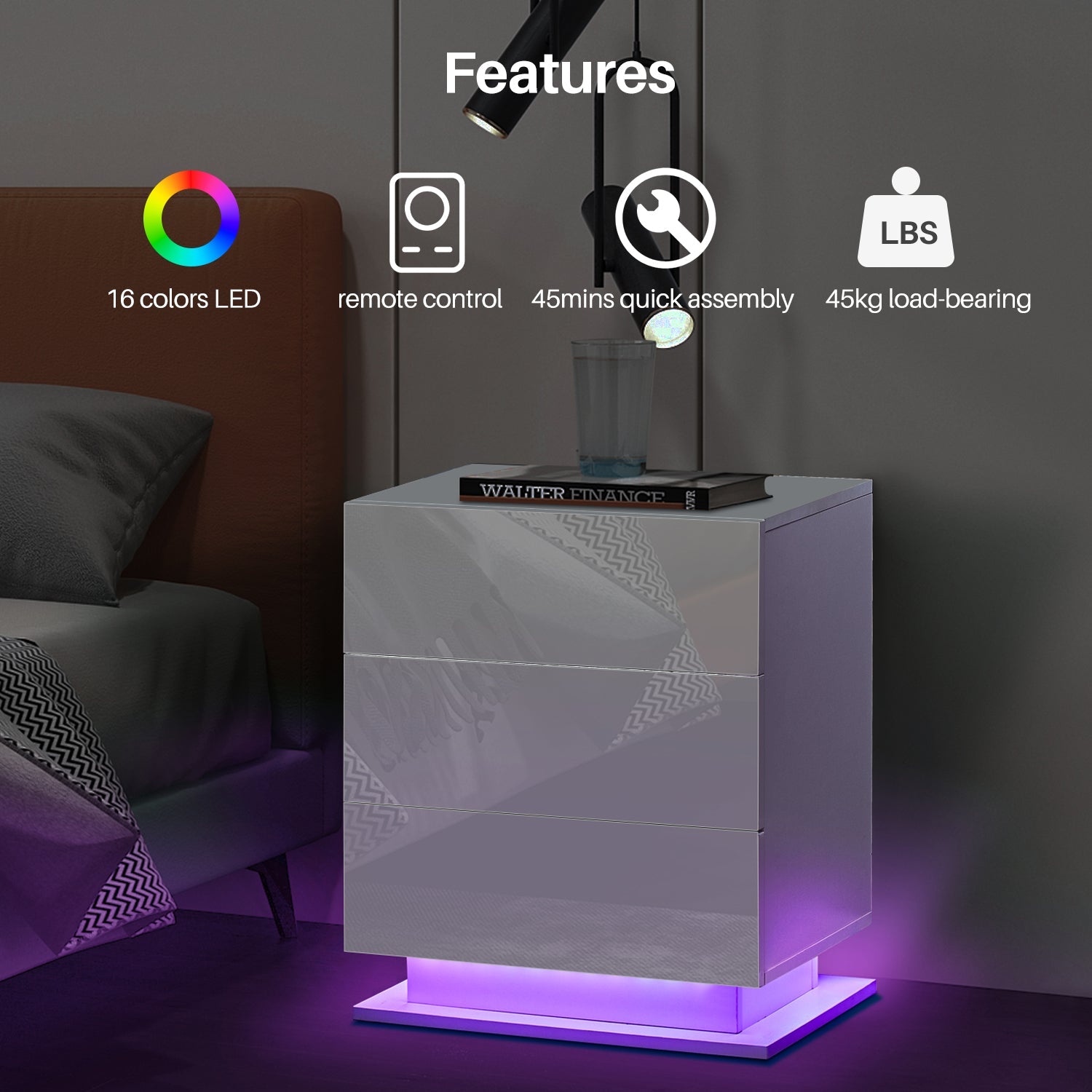 Mario LED Light Bedside Table [3 Drawers]-1
