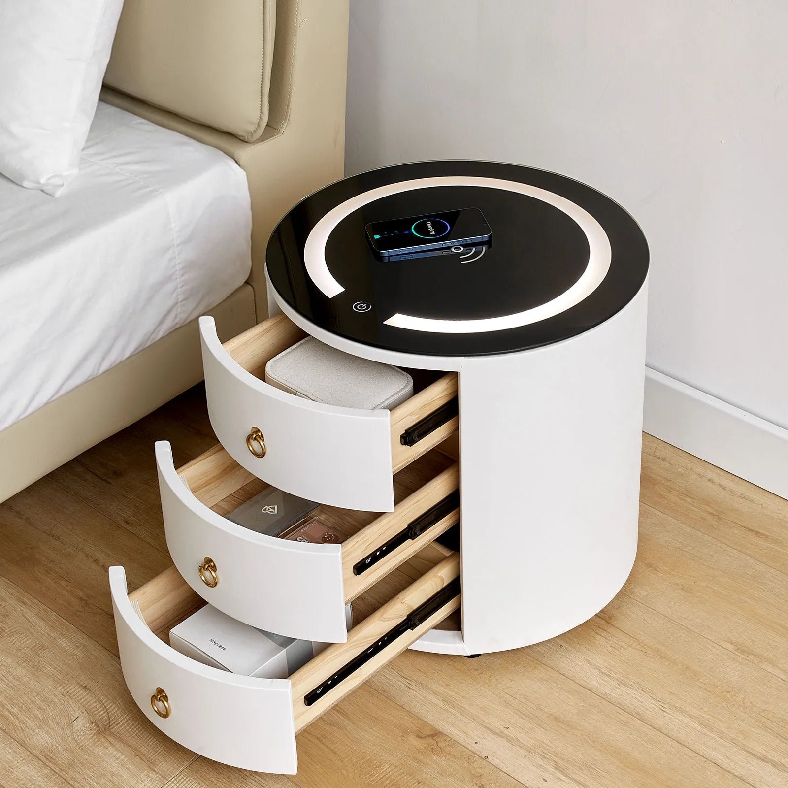 Brookline White Smart Bedside Table-4