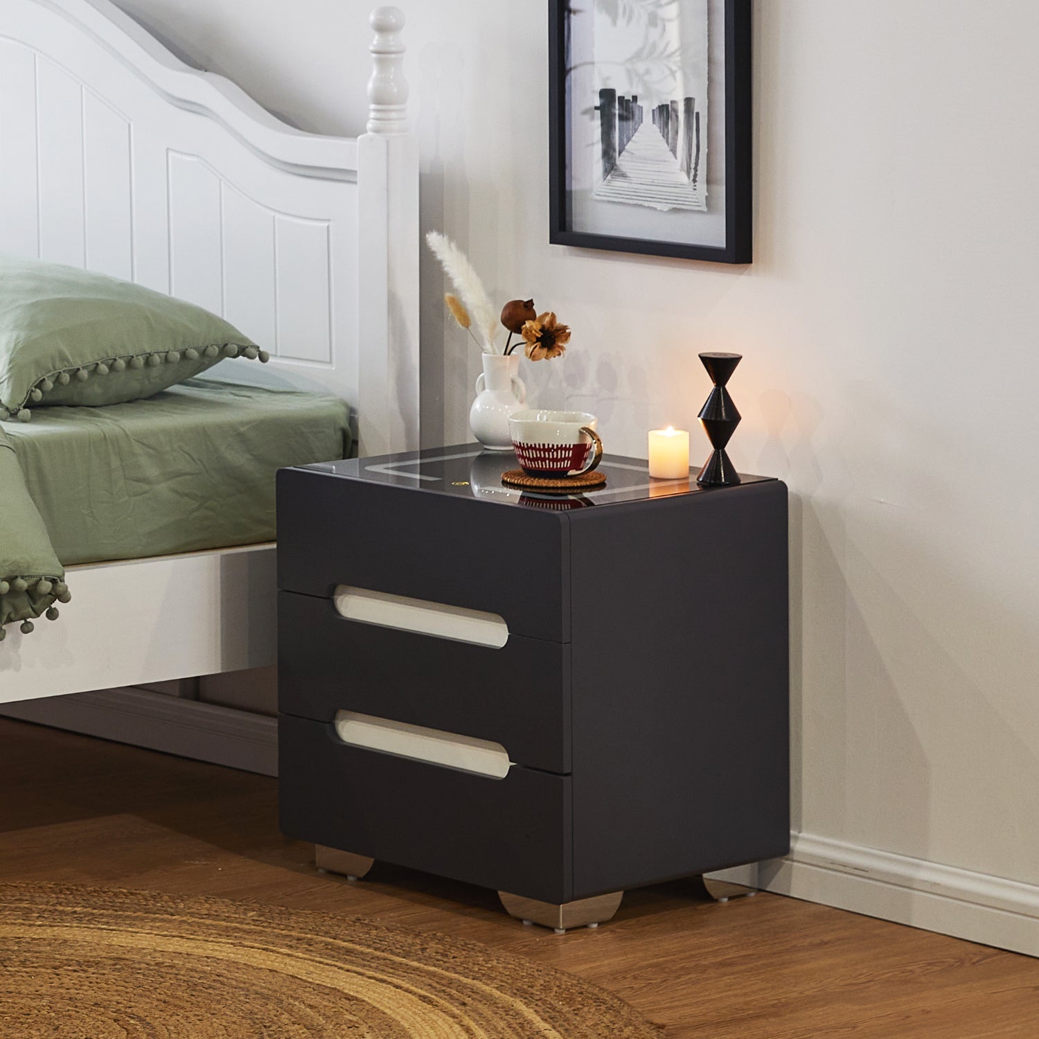 Erinn LED Light Bedside Table [2/3 Drawers][Charging Station][Nightstand]-2