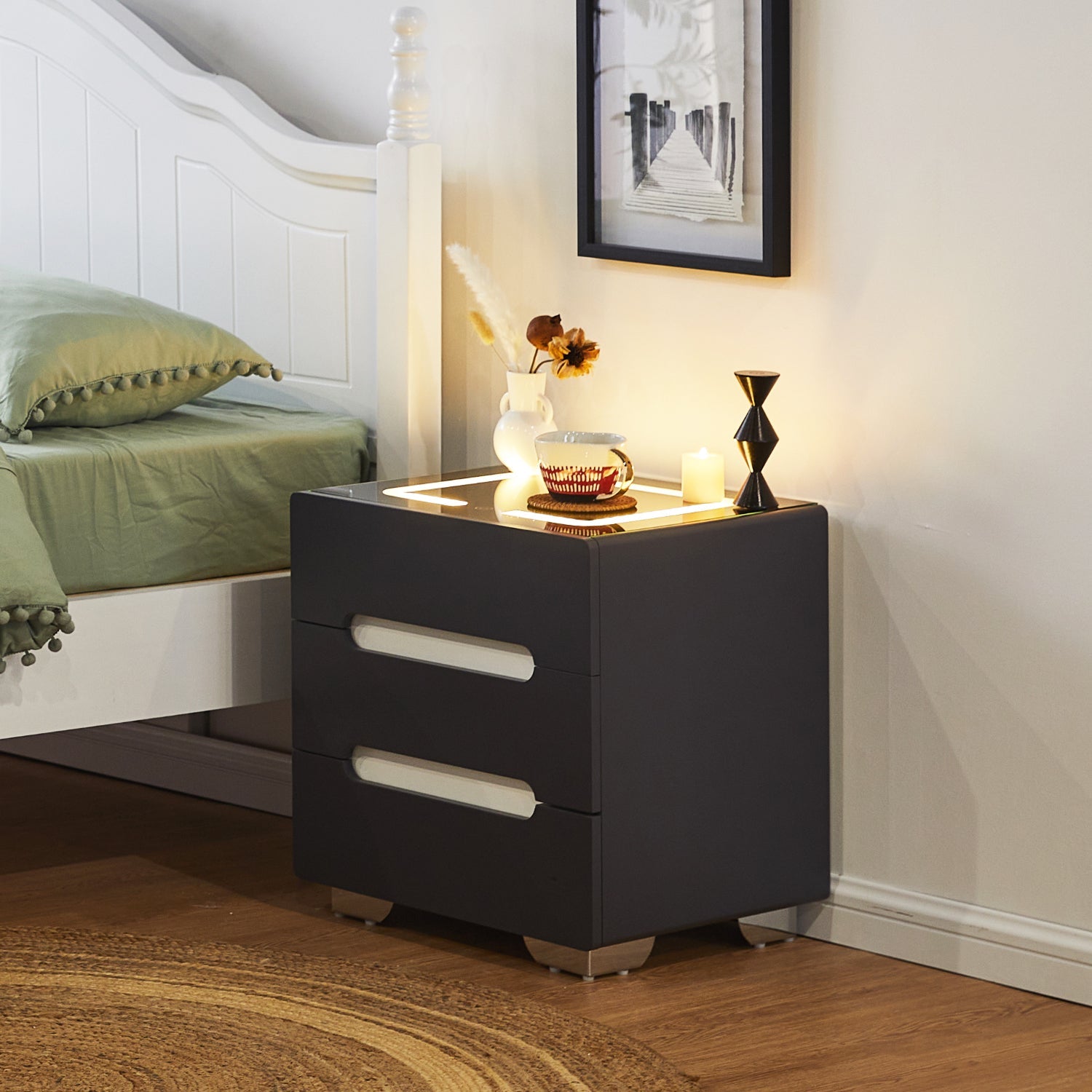 Erinn LED Light Bedside Table [2/3 Drawers][Charging Station][Nightstand]-1