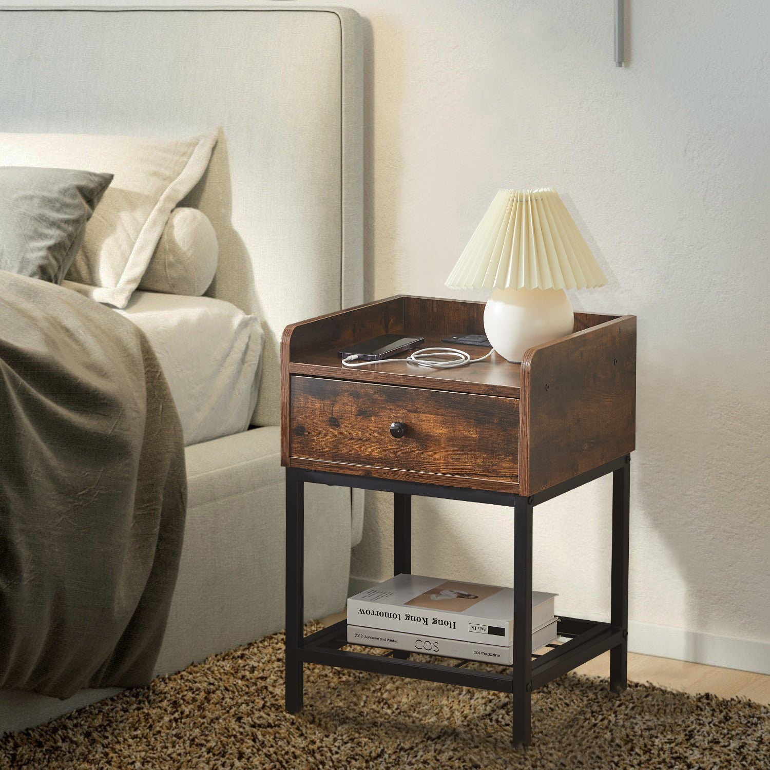 Eyve Industrial Wood Living room Side Table [Charging Station]-1