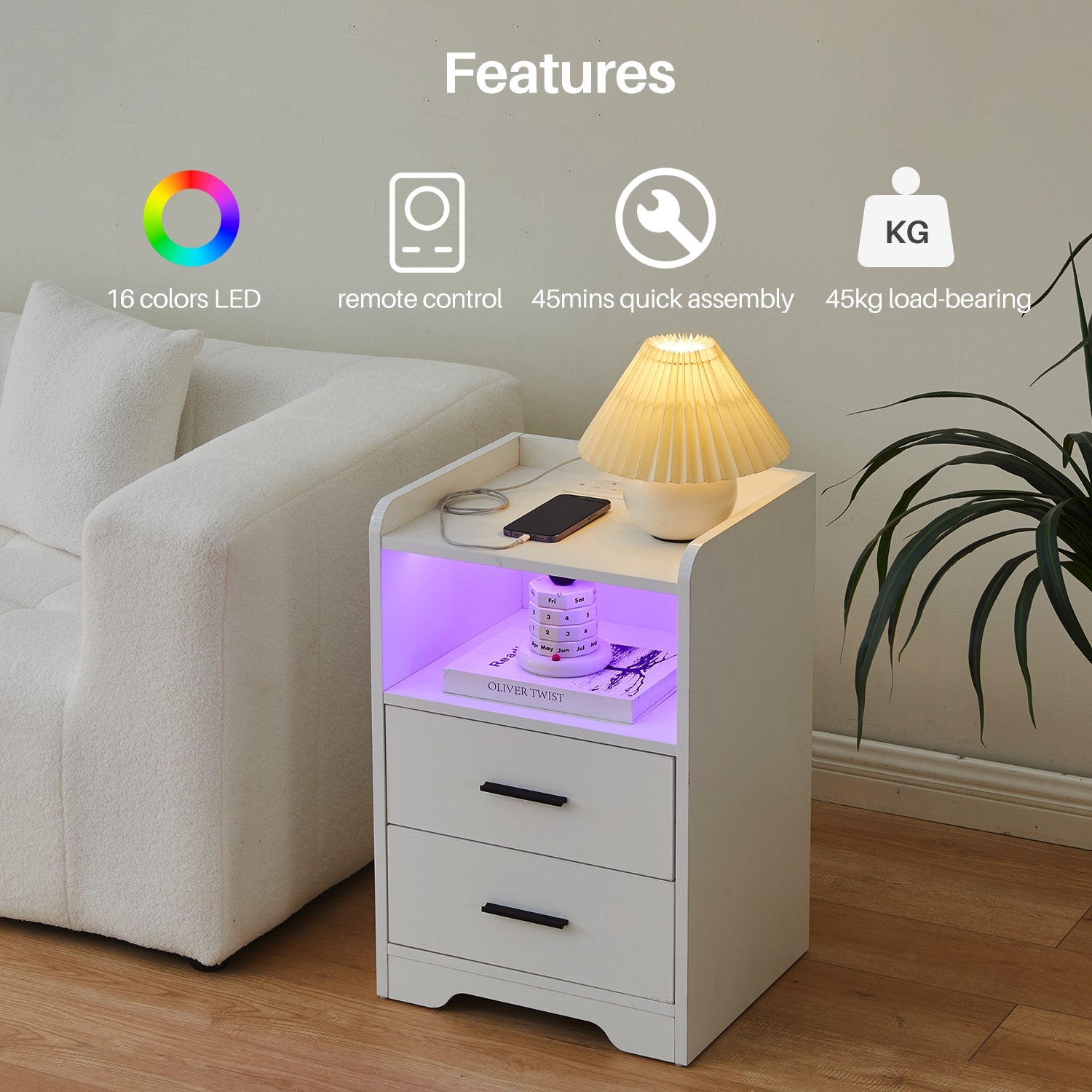 Kody LED Light Bedside Table [Charging Station][Nightstand]-3