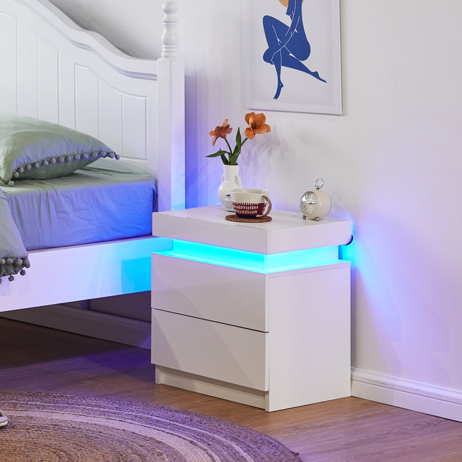 Kumar LED Light Bedside Table [2 Drawers][Nightstand]-1