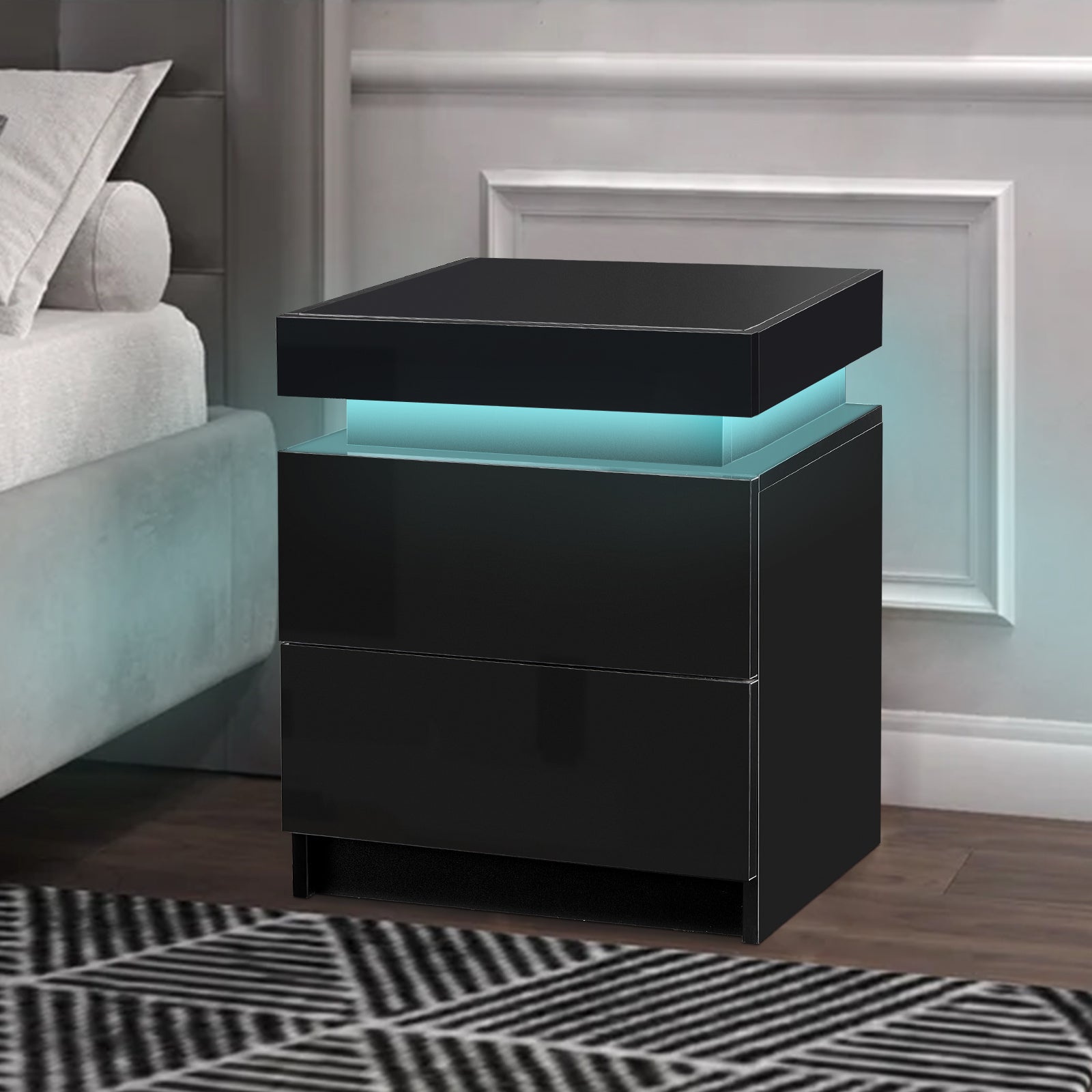 Kumar LED Light Bedside Table [2 Drawers][Nightstand]-5