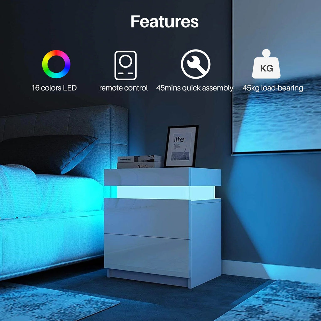 Kumar LED Light Bedside Table [2 Drawers][Nightstand]-2