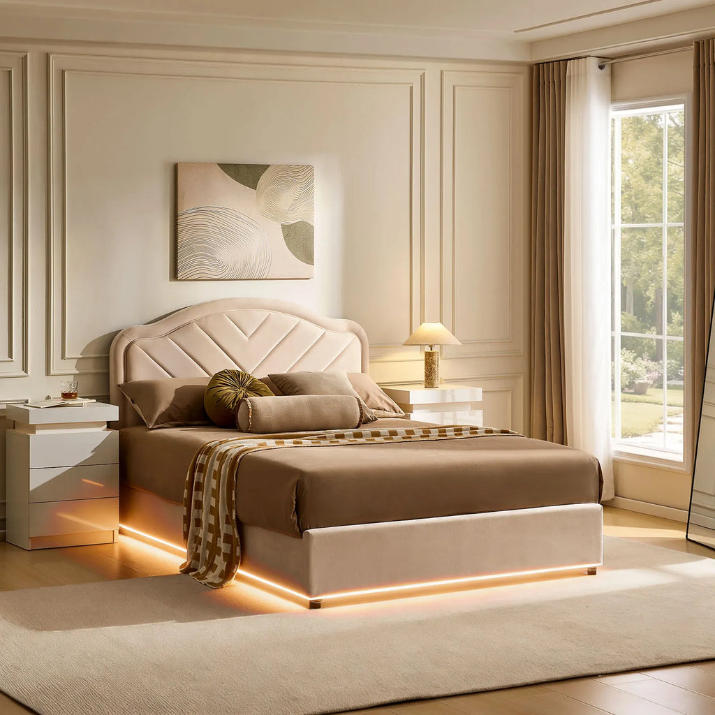 Luniva Cream LED Double Bed Frame-4