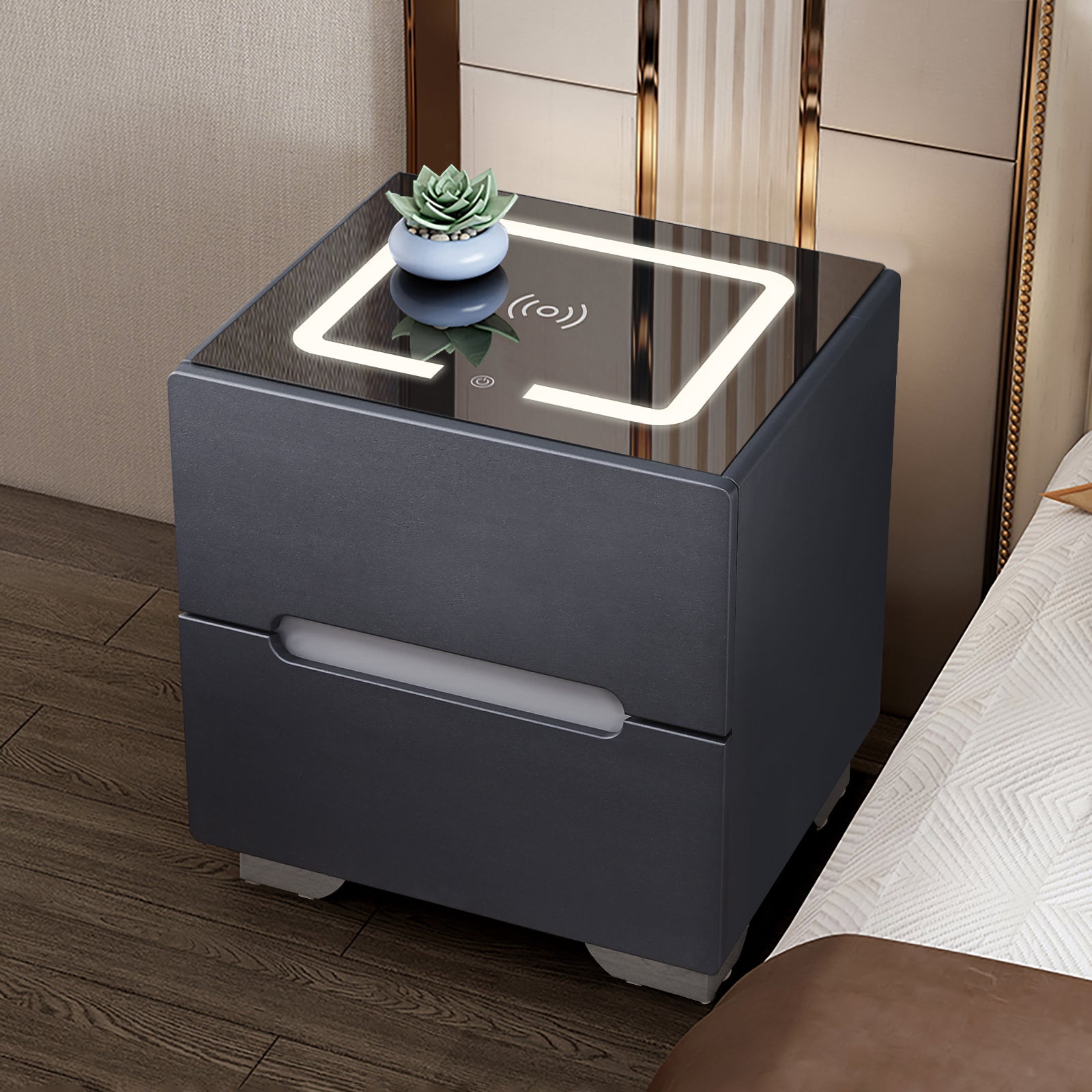Erinn LED Light Bedside Table [2/3 Drawers][Charging Station][Nightstand]-5