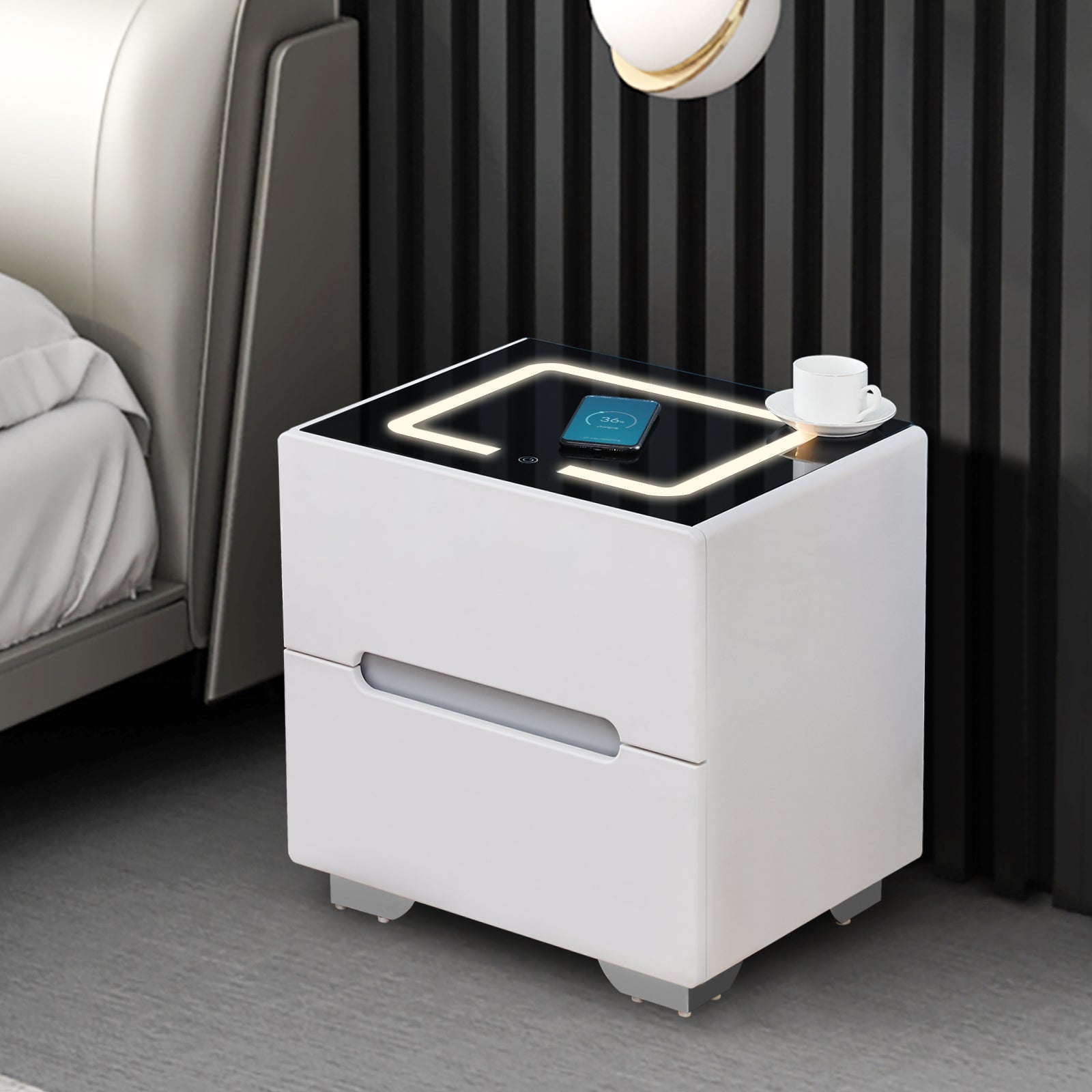Erinn LED Light Bedside Table [2/3 Drawers][Charging Station][Nightstand]-7