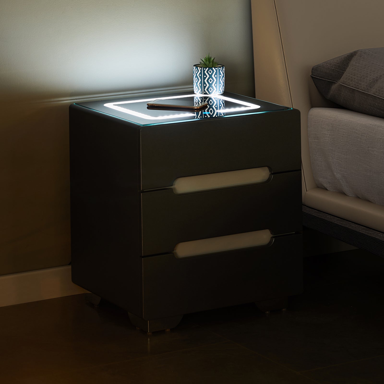 Erinn LED Light Bedside Table [2/3 Drawers][Charging Station][Nightstand]-3