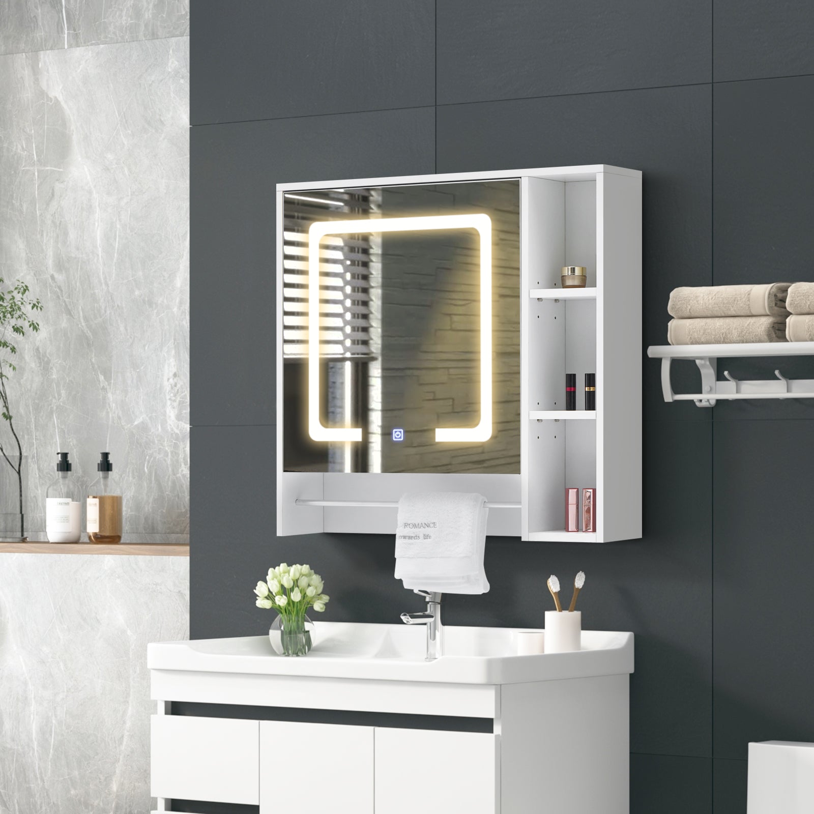 Tavion Bathroom Mirror Cabinet with Lights [1 Door+3 Shelves]-3